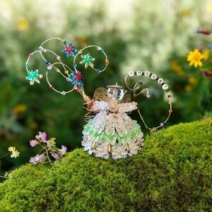 Beaded Safety Pin Angel Fairy AUGUST Birthday Month Kitschy Handmade Ornament